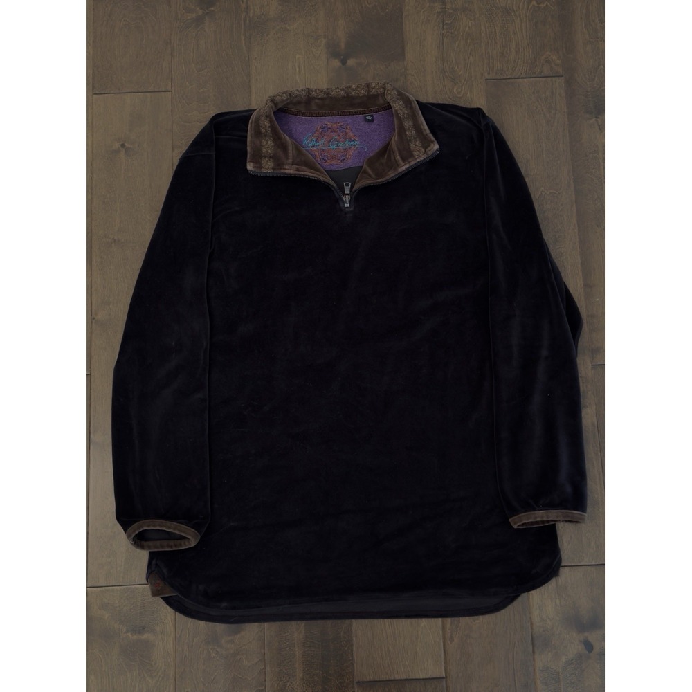 Vintage Rare Robert Graham Men's Quarter Zip Classic Fit Black Velour Size L